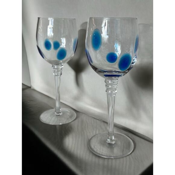 Stephen Kramer for Vietri Wine Glasses Italy Blue Swirl Dot Goblet 9.5”x3”& 8.5” - Picture 1 of 10